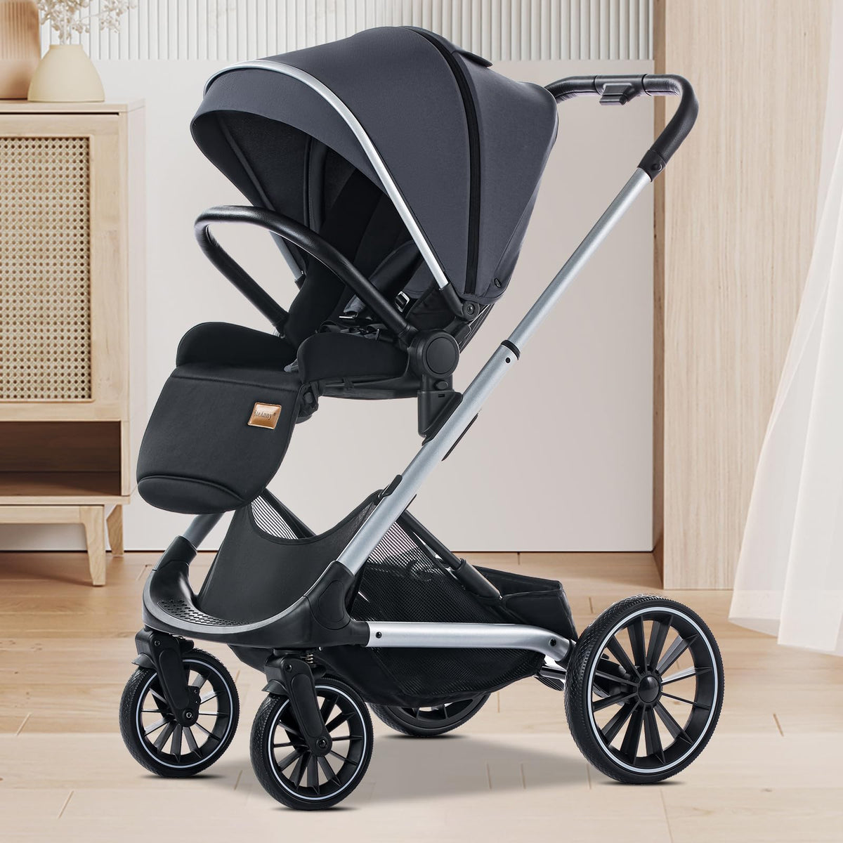 Wagon Pram, Convertible Stroller with Reversible Seat, Foldable Newborn Stroller with Bassinet Mode, Oversized Wheels Luxury Baby Carriage Suit Toddler Infant,Gray (Green)