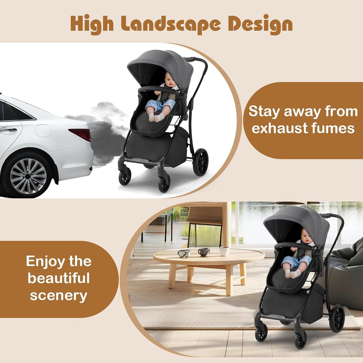 HONEY JOY 2 in 1 Baby Stroller, Convertible Pram Stroller w/Bassinet, Reversible Seat, Adjustable Backrest & Canopy, High Landscape One-Hand Fold Pushchair for Newborn Infants 0-36 Months (Gray)
