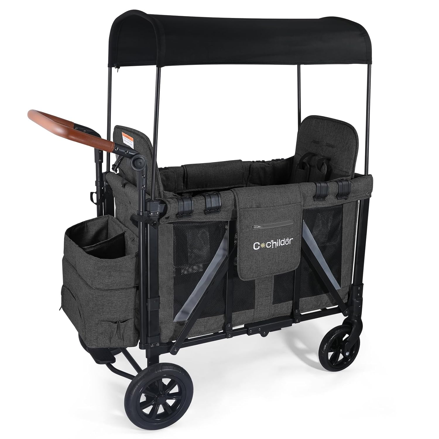 Elite 2 Seater Wagon Stroller for Kids, Foldable Stroller Wagon with Removable Seats & Canopy, 5-Point Safety Harness, Adjustable Handle, Dark Gray