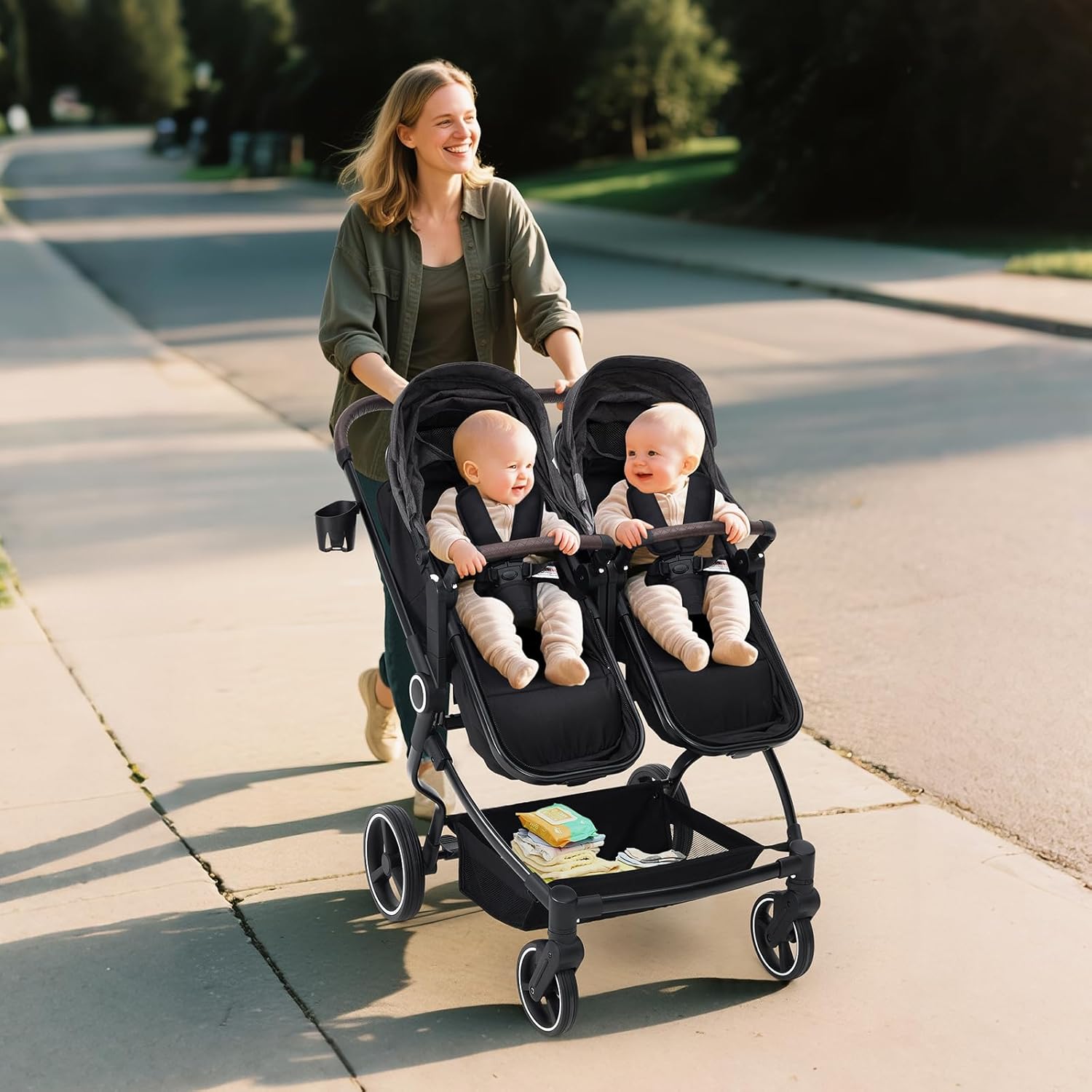 Side by Side Double Stroller for Twins, Lightweight Compact Foldable Baby Travel Stroller with High Landscape Seat, Adjustable Canopy & Recline for Infant and Toddler, Dark Grey