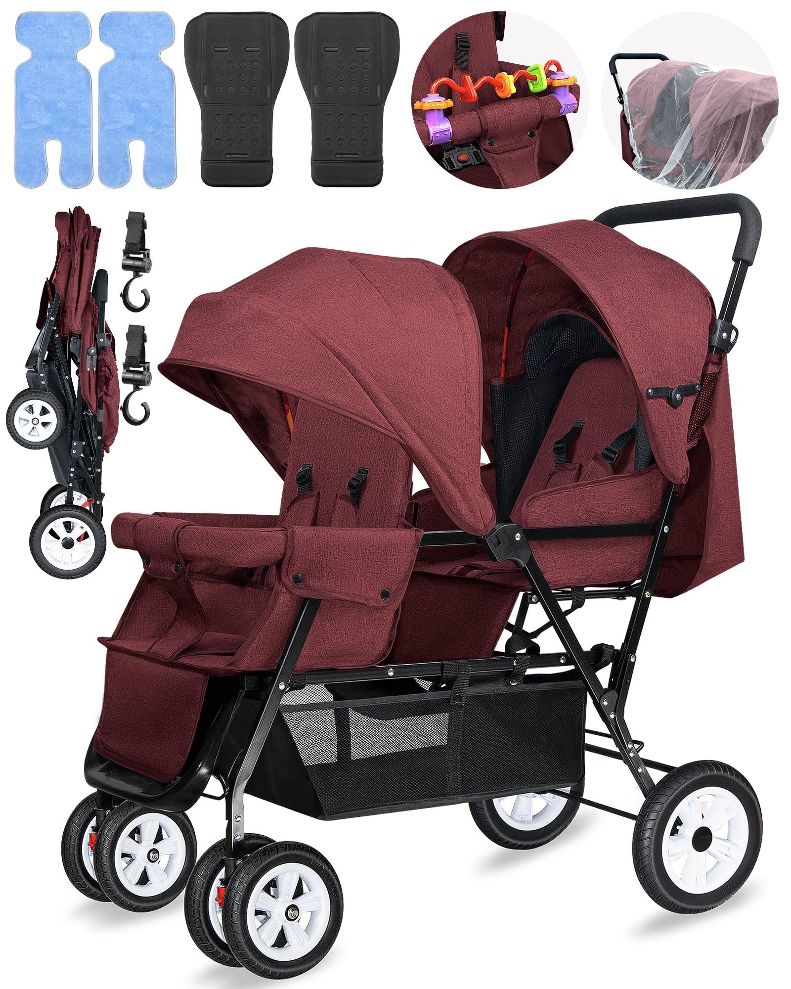 Double Stroller for Infant Toddler, Foldable Double Baby Stroller with Tandem Seating and Adjustable Backrest - Extra Gift Toys/Mosquito Net/Sleeping Mats/ 2 Cotton Pads/ 2 Hooks (Blue)