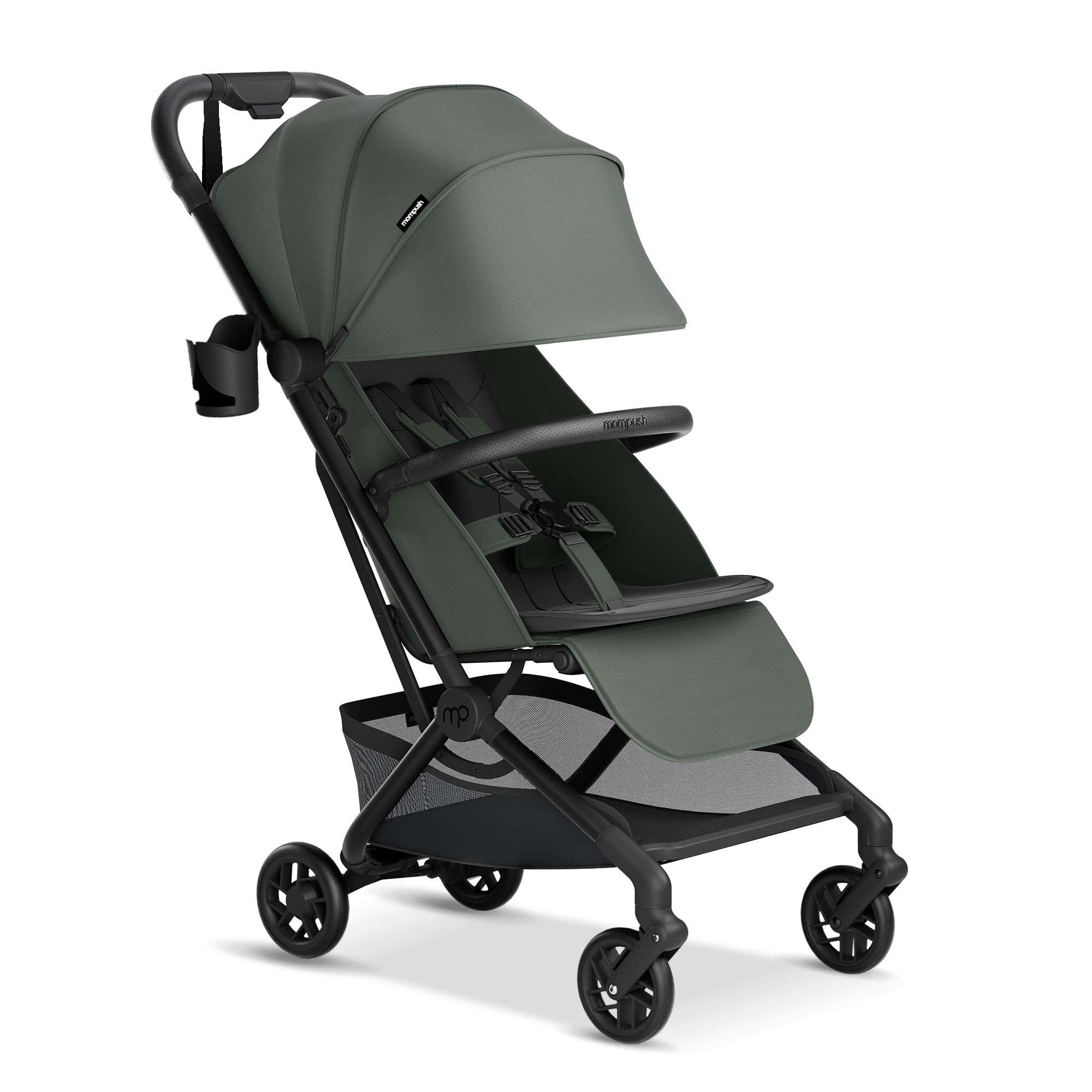Mompush Velo Lightweight Travel Stroller, Compact & Airplane-Friendly for Baby and Toddler, Lie-Flat Seat, One-Hand Fold, with Leather Bumper Bar, Shoulder Strap, Raincover, Storage Bag & Cup Holder