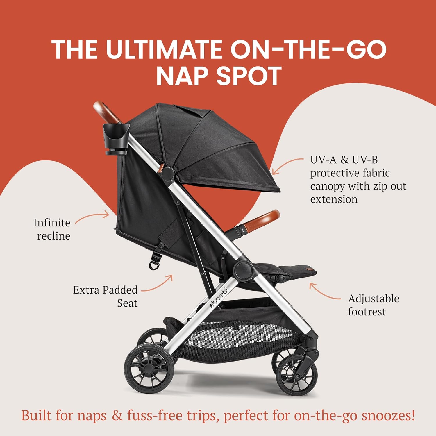 Bombi Bēbee V2 Lightweight Baby Stroller - Premium Vegan Leather, One-Hand Fold, Infinite Recline, Aircraft-Grade Aluminum Frame, XXL Canopy, and Ample Storage Umbrella Stroller - Sand