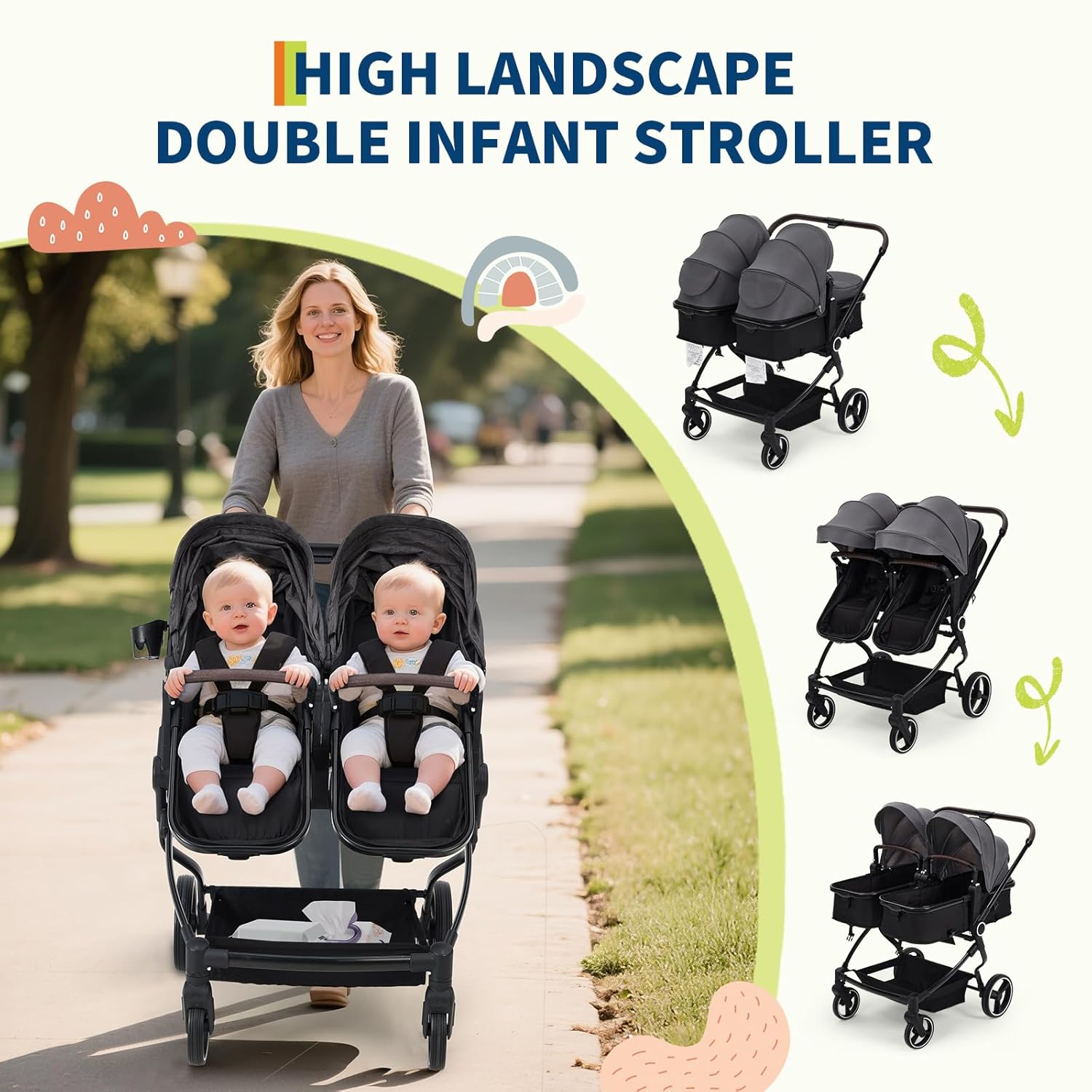 Side by Side Double Stroller for Twins, Lightweight Compact Foldable Baby Travel Stroller with High Landscape Seat, Adjustable Canopy & Recline for Infant and Toddler, Dark Grey