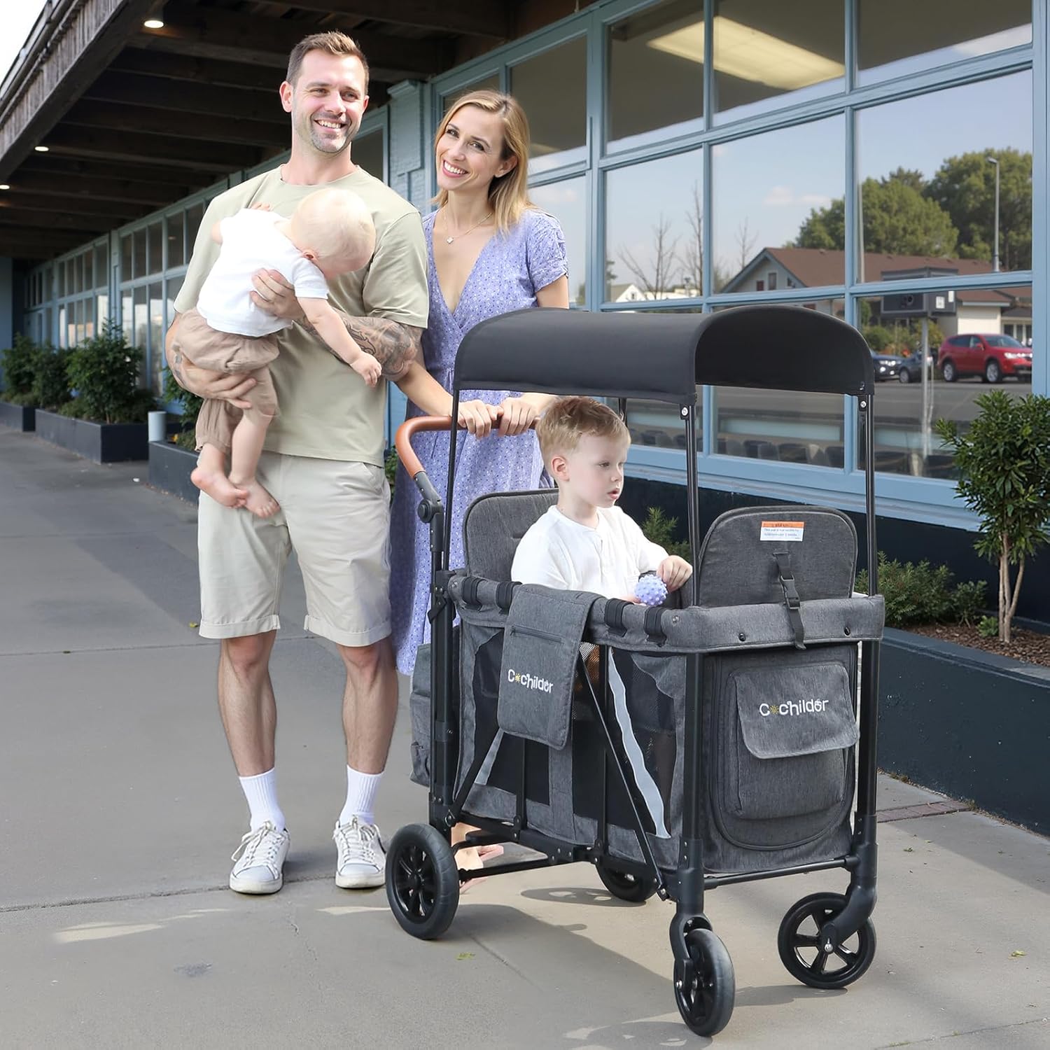 Elite 2 Seater Wagon Stroller for Kids, Foldable Stroller Wagon with Removable Seats & Canopy, 5-Point Safety Harness, Adjustable Handle, Dark Gray