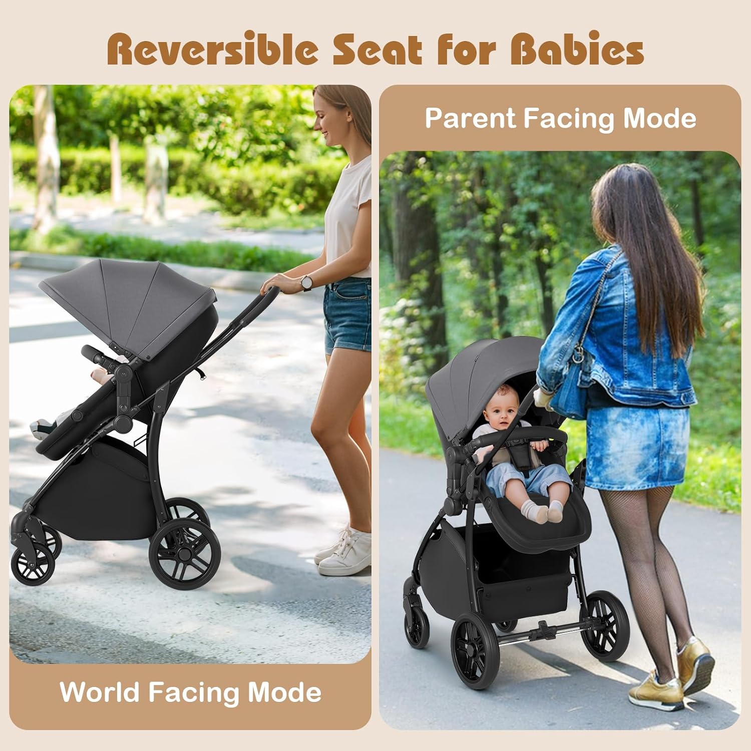 HONEY JOY 2 in 1 Baby Stroller, Convertible Pram Stroller w/Bassinet, Reversible Seat, Adjustable Backrest & Canopy, High Landscape One-Hand Fold Pushchair for Newborn Infants 0-36 Months (Gray)