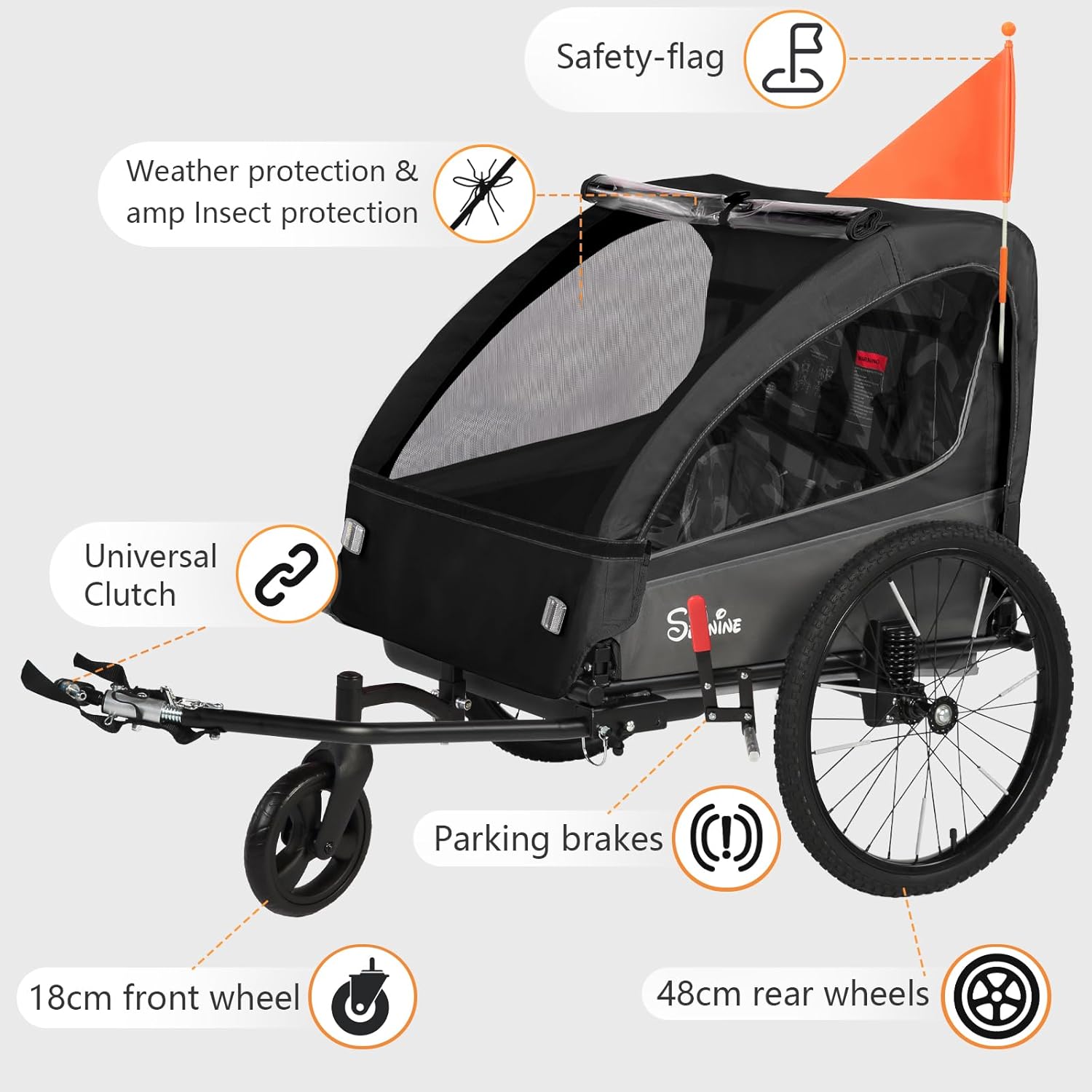 Sepnine 2-in-1 Kids Bike Trailer and Stroller with Suspension – Bike Trailer for 1 to 2 Children, Jogging Function, Foldable, 5-Point Harness, Spacious Storage, with Bug Screen and Weather Shield