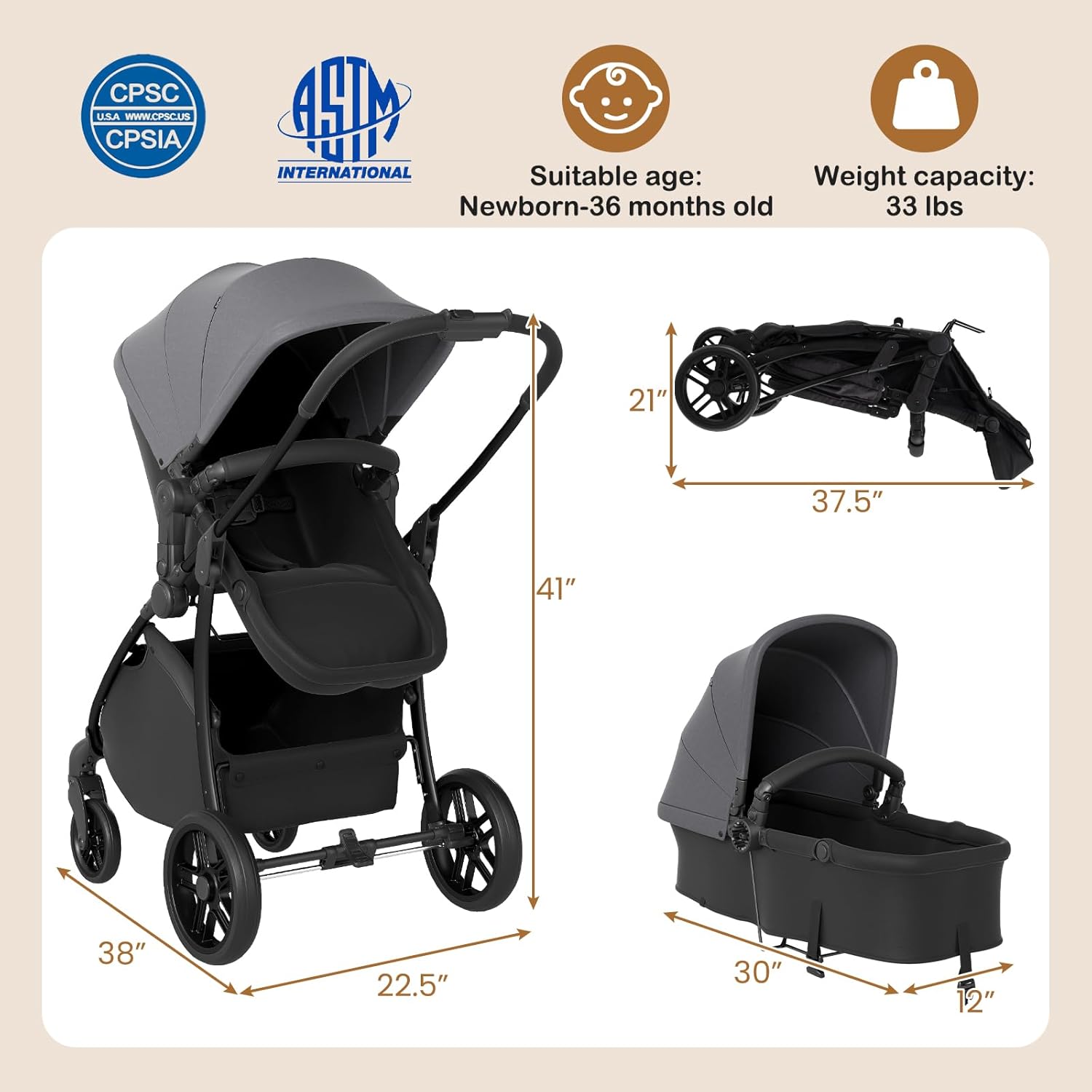 HONEY JOY 2 in 1 Baby Stroller, Convertible Pram Stroller w/Bassinet, Reversible Seat, Adjustable Backrest & Canopy, High Landscape One-Hand Fold Pushchair for Newborn Infants 0-36 Months (Gray)