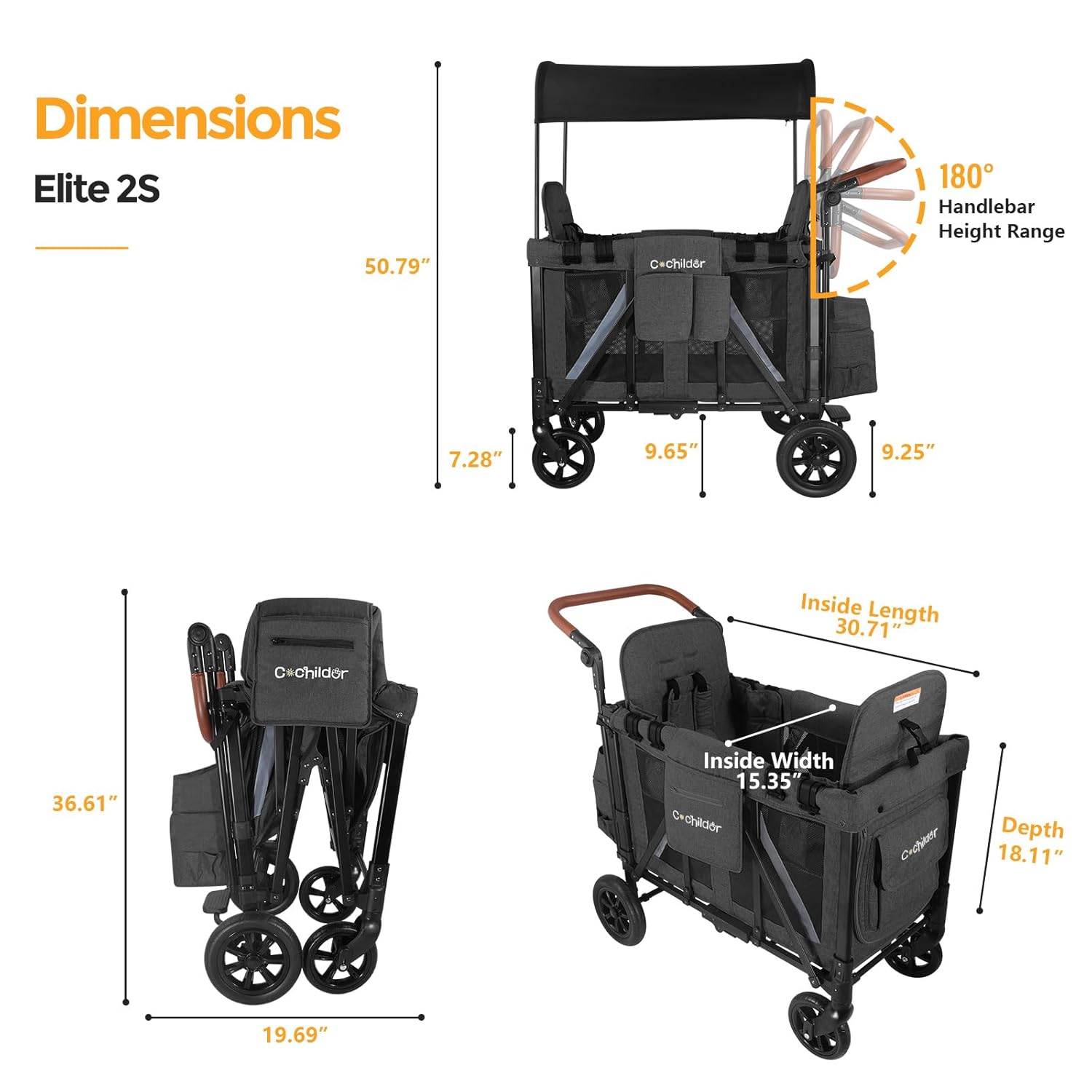 Elite 2 Seater Wagon Stroller for Kids, Foldable Stroller Wagon with Removable Seats & Canopy, 5-Point Safety Harness, Adjustable Handle, Dark Gray