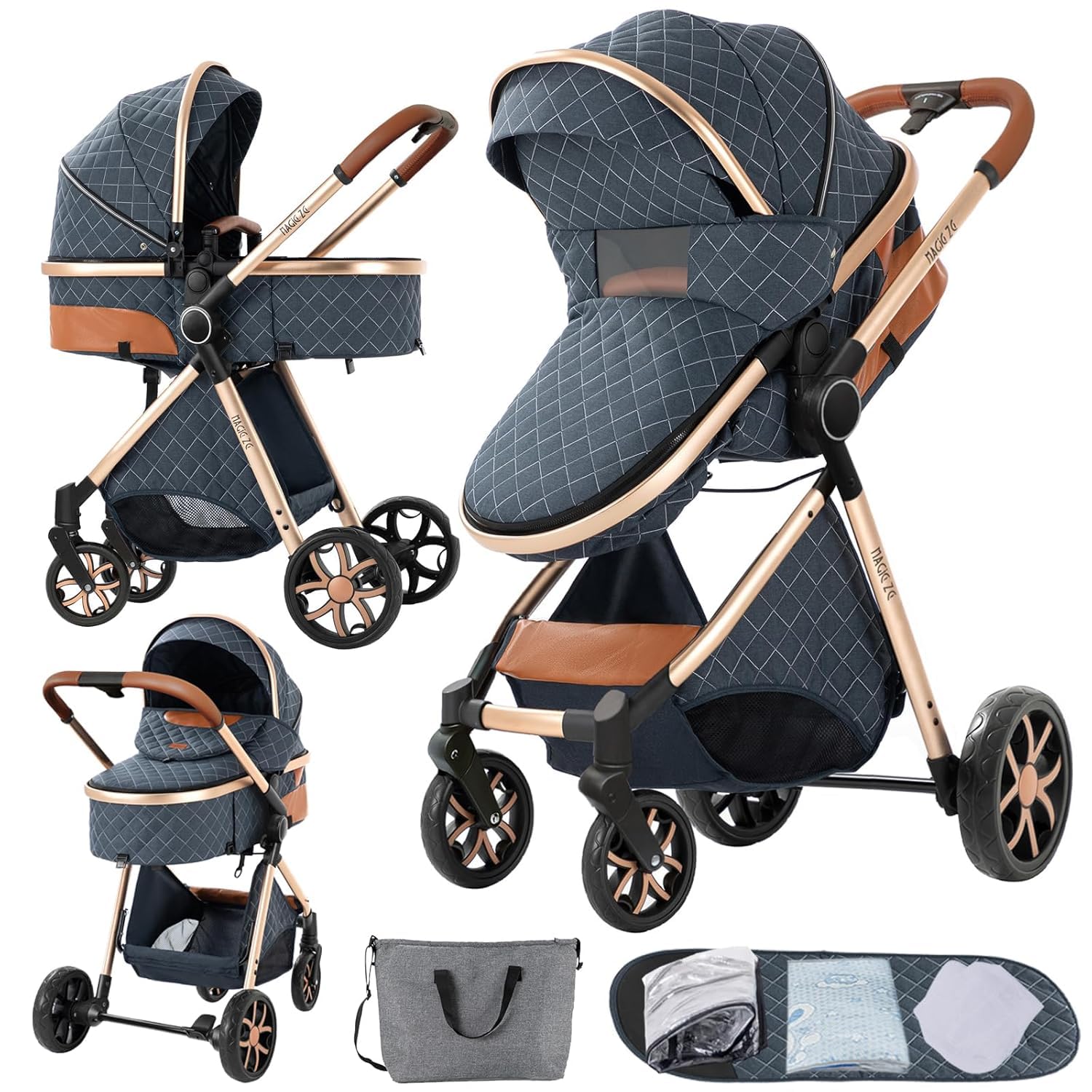 Baby Stroller:Full-Size Reversible Bassinet & Toddler Seat,Foldable Design with UPF 50+ Canopy,Bug Shield,Rain Shield,All-Weather Storage – Newborn to 36 Months(Blue&Gold)