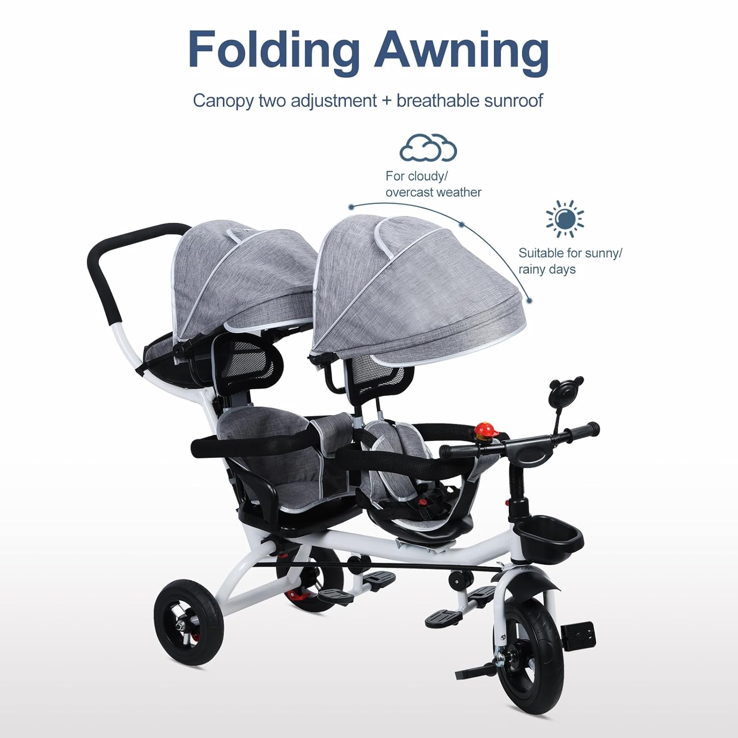 Lightweight Double Toddler Stroller 3-5 Year Old, Sit and Stand Compact Stroller for Travel Infant Tricycle with Anti-Roll Rubber Wheels, Gift for Boys and Girls, Gray
