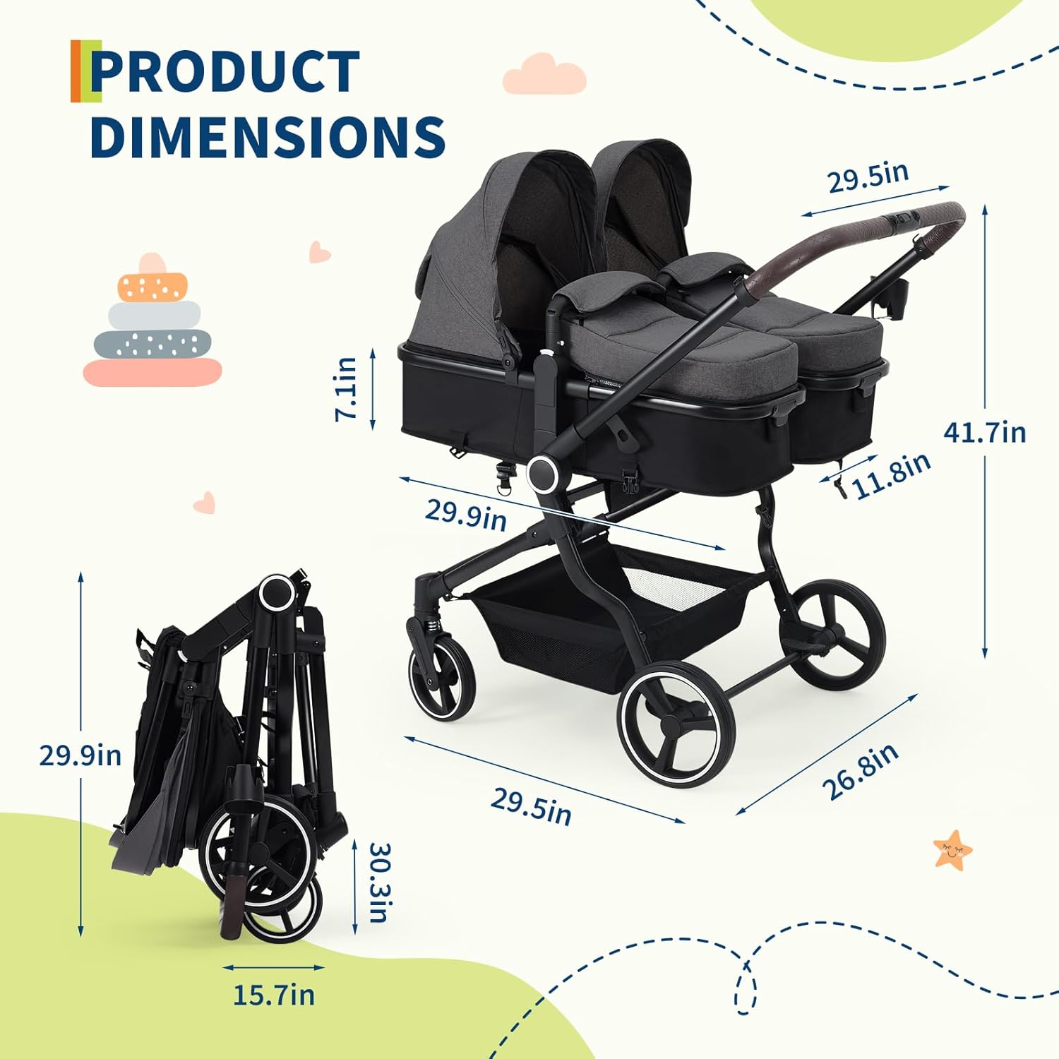 Side by Side Double Stroller for Twins, Lightweight Compact Foldable Baby Travel Stroller with High Landscape Seat, Adjustable Canopy & Recline for Infant and Toddler, Dark Grey