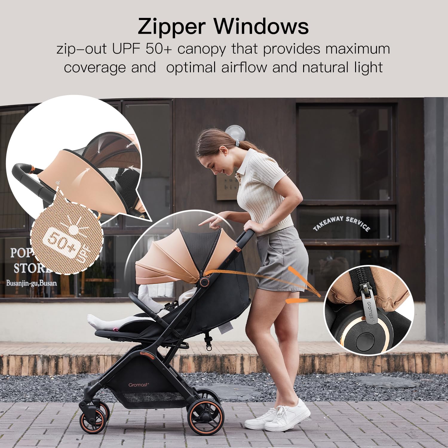 Gravity Folding Baby Stroller - Portable Travel Toddler Stroller w/Adjustable Backrest & Canopy, Lightweight and UV Protected, One-Hand Automatic Folding - Khaki
